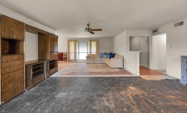 2832 Wooded Acres Dr, Waco, TX 76710 - unfurnished living room featuring ceiling fan and ornamental molding
