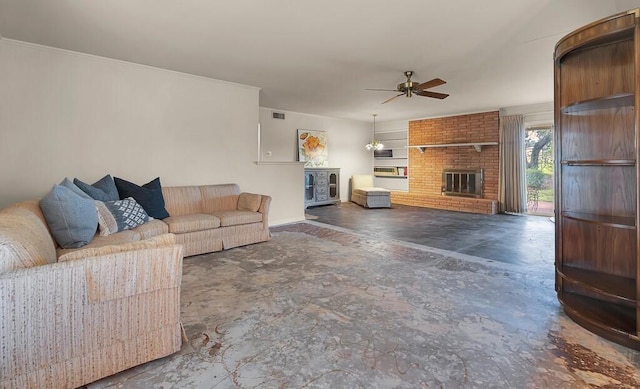 2832 Wooded Acres Dr, Waco, TX 76710 - living room featuring a ceiling fan, a fireplace, and baseboards