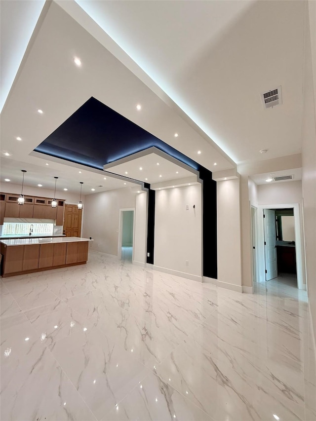 2815 Pall Mall Ave, Dallas, TX 75241 - kitchen with appliances with stainless steel finishes, a sink, backsplash, light marble finish flooring, and glass insert cabinets