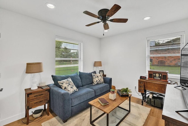 208 E 7th St, Prosper, TX 75078 - living area with ceiling fan, light wood-type flooring, recessed lighting, and baseboards