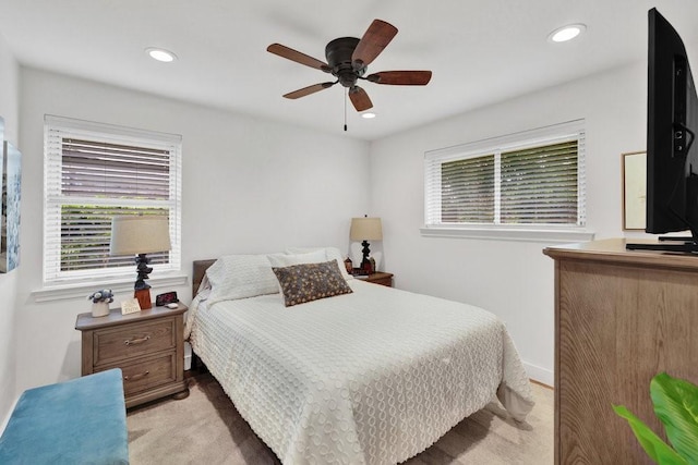 208 E 7th St, Prosper, TX 75078 - bedroom with light carpet, recessed lighting, ceiling fan, and baseboards