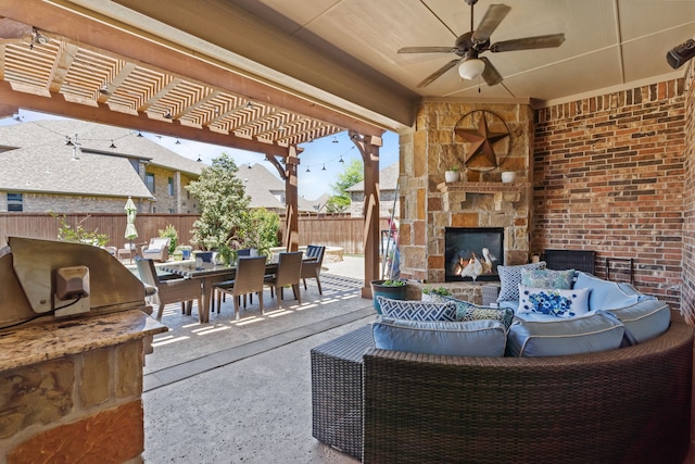710 Cross Timbers Dr, Keller, TX 76248 - view of patio / terrace with outdoor dining space, an outdoor living space with a fireplace, a pergola, and ceiling fan