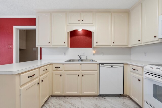 2008 Real Dr, Waco, TX 76712 - kitchen featuring white appliances, a sink, a peninsula, light countertops, and light marble finish flooring