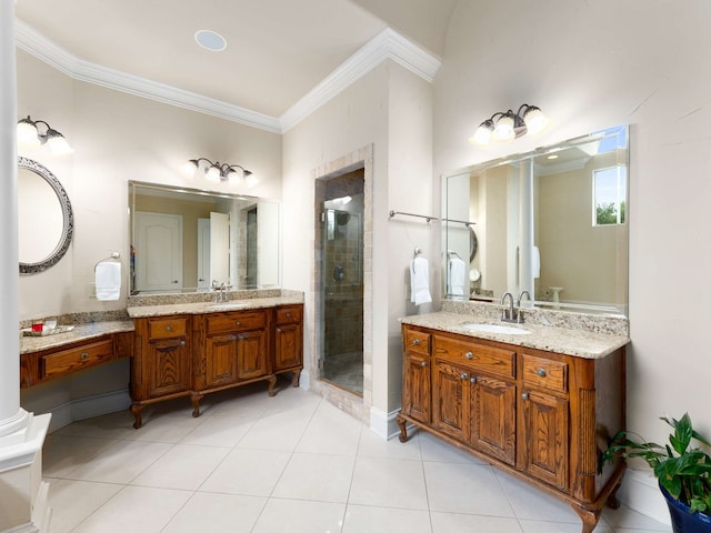 2830 Creekwood Ln, Prosper, TX 75078 - full bath featuring a stall shower, ornamental molding, two vanities, and tile patterned floors