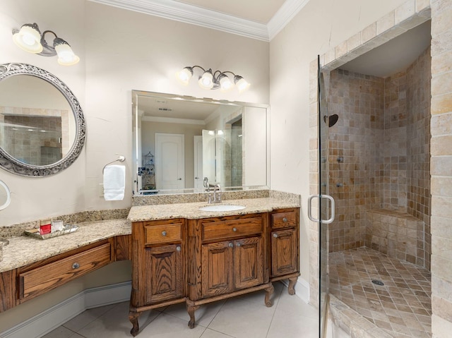 2830 Creekwood Ln, Prosper, TX 75078 - full bath featuring ornamental molding, a shower stall, vanity, and tile patterned floors
