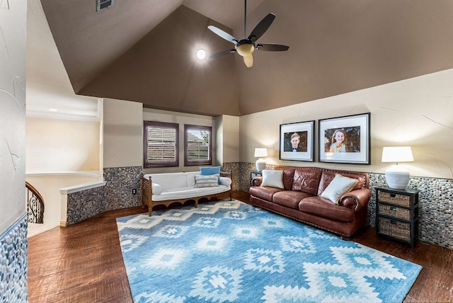 2830 Creekwood Ln, Prosper, TX 75078 - living area featuring ceiling fan, wood finished floors, and high vaulted ceiling