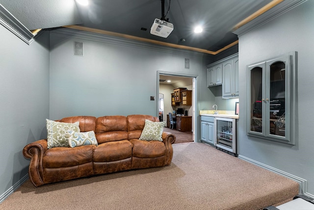 2830 Creekwood Ln, Prosper, TX 75078 - living room featuring wine cooler, carpet, crown molding, baseboards, and bar area
