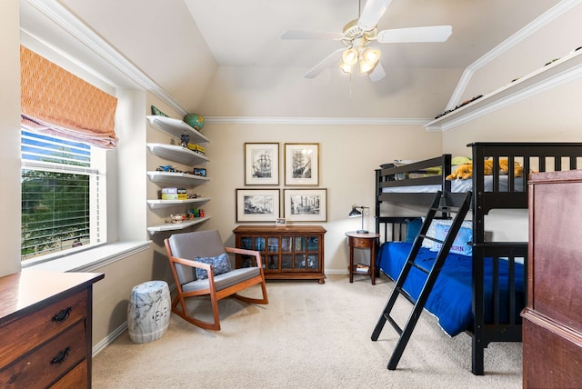 2830 Creekwood Ln, Prosper, TX 75078 - carpeted bedroom featuring vaulted ceiling, ornamental molding, baseboards, and ceiling fan