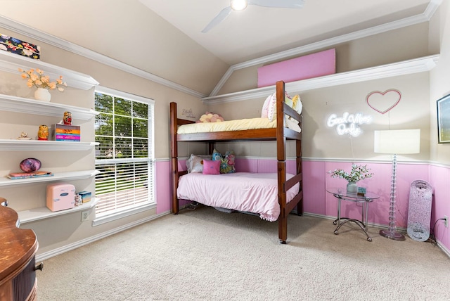 2830 Creekwood Ln, Prosper, TX 75078 - carpeted bedroom with vaulted ceiling, ornamental molding, and a ceiling fan