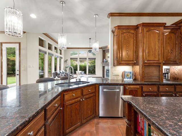 2830 Creekwood Ln, Prosper, TX 75078 - kitchen with a sink, dishwasher, a chandelier, light tile patterned floors, and crown molding