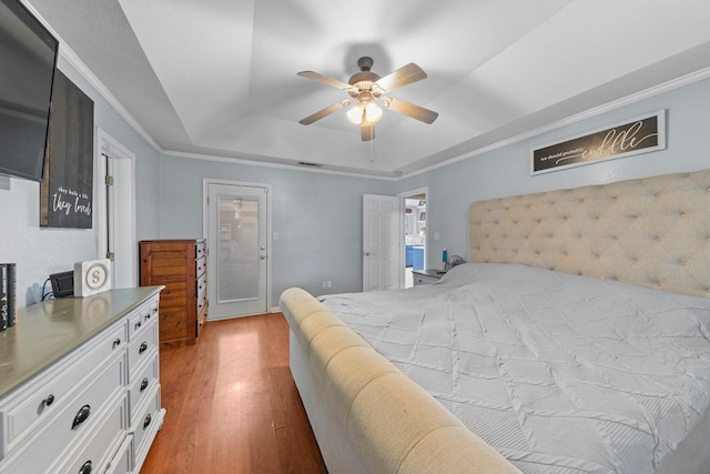 509 Sapphire Blvd, Hewitt, TX 76643 - bedroom with a tray ceiling, light wood-style floors, ornamental molding, and ceiling fan