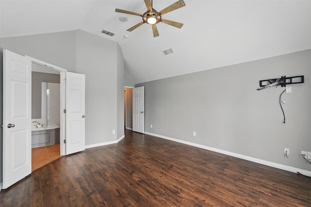 529 Colgate Dr, Allen, TX 75013 - unfurnished bedroom with wood finished floors, baseboards, ceiling fan, and high vaulted ceiling