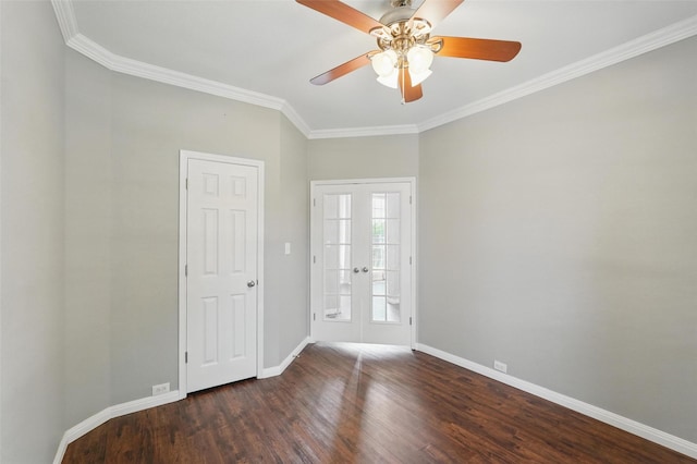 529 Colgate Dr, Allen, TX 75013 - unfurnished room featuring crown molding, baseboards, wood finished floors, ceiling fan, and french doors