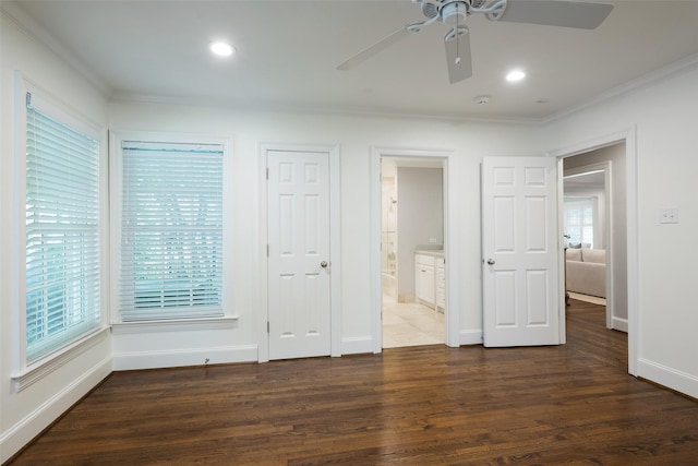 4684 Belclaire Ave, Highland Park, TX 75209 - unfurnished bedroom with ornamental molding, baseboards, wood finished floors, ensuite bath, and ceiling fan