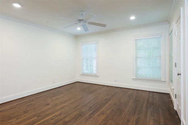 4684 Belclaire Ave, Highland Park, TX 75209 - empty room with dark wood-type flooring, baseboards, ceiling fan, crown molding, and recessed lighting