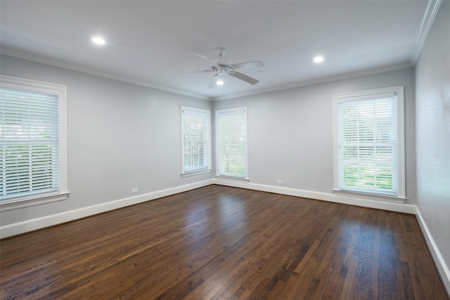 4684 Belclaire Ave, Highland Park, TX 75209 - empty room featuring crown molding, dark wood finished floors, baseboards, ceiling fan, and recessed lighting