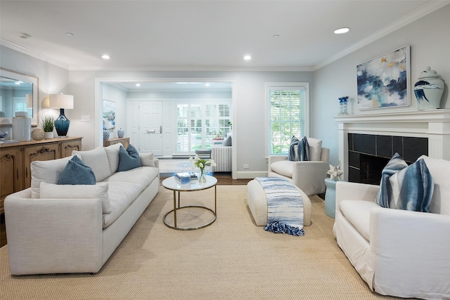 4684 Belclaire Ave, Highland Park, TX 75209 - living room with recessed lighting, crown molding, a fireplace, radiator heating unit, and wood finished floors