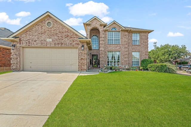 2829 Flint Rock Dr, Fort Worth, TX 76131 - traditional home featuring brick siding, a front lawn, driveway, and a garage