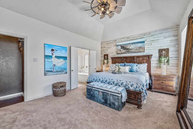 2829 Flint Rock Dr, Fort Worth, TX 76131 - bedroom featuring carpet flooring, ensuite bathroom, baseboards, a ceiling fan, and high vaulted ceiling