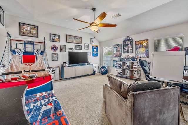 2829 Flint Rock Dr, Fort Worth, TX 76131 - living area featuring a ceiling fan, lofted ceiling, and carpet floors