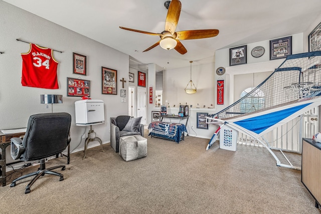 2829 Flint Rock Dr, Fort Worth, TX 76131 - carpeted home office featuring ceiling fan and baseboards