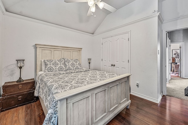 2829 Flint Rock Dr, Fort Worth, TX 76131 - bedroom with lofted ceiling, dark wood-type flooring, baseboards, ceiling fan, and a closet