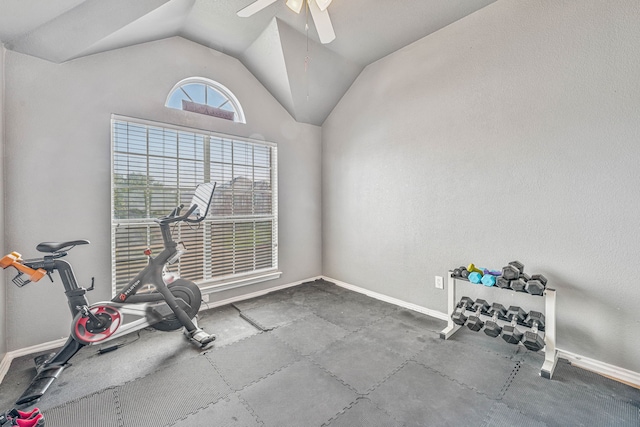 2829 Flint Rock Dr, Fort Worth, TX 76131 - exercise area featuring baseboards, lofted ceiling, and ceiling fan