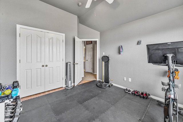 2829 Flint Rock Dr, Fort Worth, TX 76131 - exercise area with vaulted ceiling, ceiling fan, and baseboards