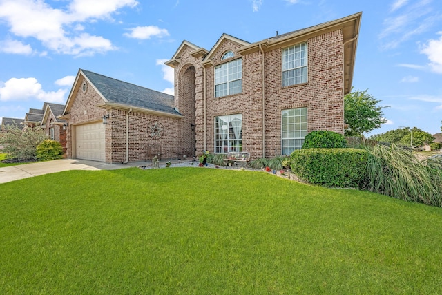 2829 Flint Rock Dr, Fort Worth, TX 76131 - traditional-style home with brick siding, a front lawn, concrete driveway, and an attached garage