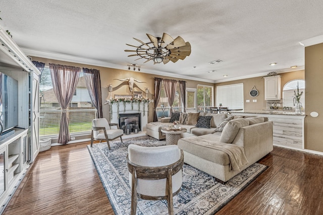 2829 Flint Rock Dr, Fort Worth, TX 76131 - living area with a textured ceiling, crown molding, dark wood-style floors, a glass covered fireplace, and a ceiling fan