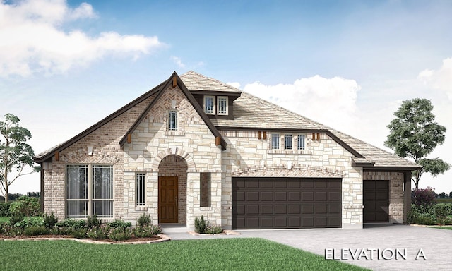 1422 Terrain Rd, Midlothian, TX 76065 - french country inspired facade with a front lawn, stone siding, concrete driveway, and an attached garage
