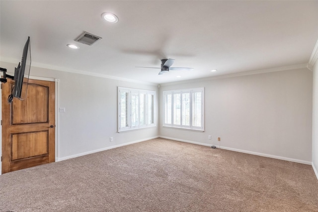 4624 County Road 206, Breckenridge, TX 76424 - spare room with ornamental molding, carpet, ceiling fan, baseboards, and recessed lighting