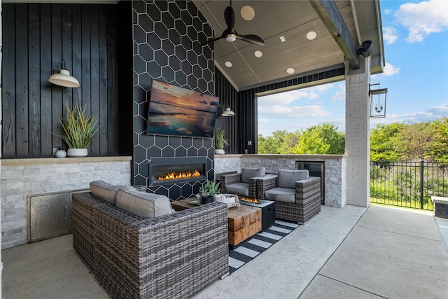 1525 Langford Ln, Celina, TX 75009 - view of patio featuring an outdoor living space with a fireplace and a ceiling fan