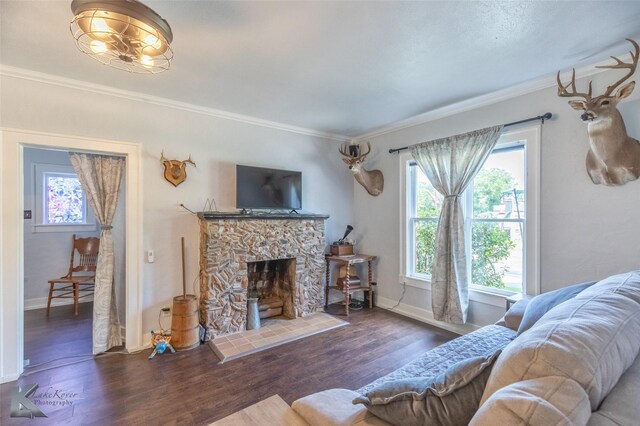 202 E Ross St, Rising Star, TX 76471 - living area with plenty of natural light, crown molding, wood finished floors, baseboards, and a stone fireplace