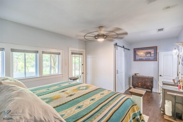 202 E Ross St, Rising Star, TX 76471 - bedroom with a barn door, multiple windows, dark wood-type flooring, and baseboards