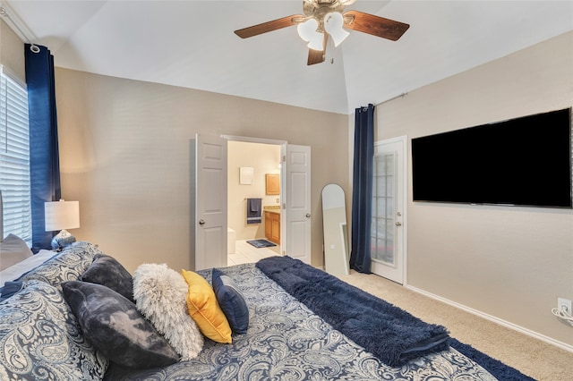 2700 Rochelle Dr, Mckinney, TX 75070 - bedroom with vaulted ceiling, light carpet, connected bathroom, a ceiling fan, and baseboards