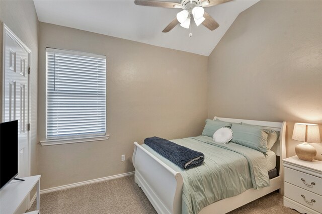 2700 Rochelle Dr, Mckinney, TX 75070 - bedroom featuring light colored carpet, lofted ceiling, a ceiling fan, and baseboards