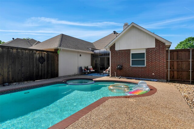 2700 Rochelle Dr, Mckinney, TX 75070 - view of swimming pool with a fenced backyard, a patio, a sunroom, and a pool with connected hot tub