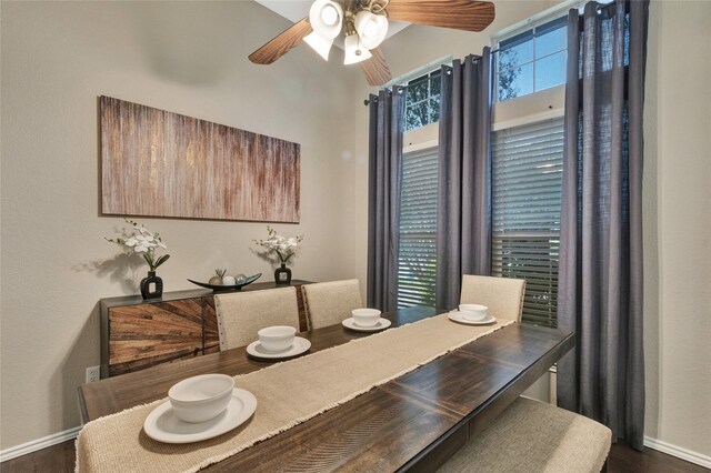 2700 Rochelle Dr, Mckinney, TX 75070 - dining area featuring baseboards, ceiling fan, and dark wood-style floors