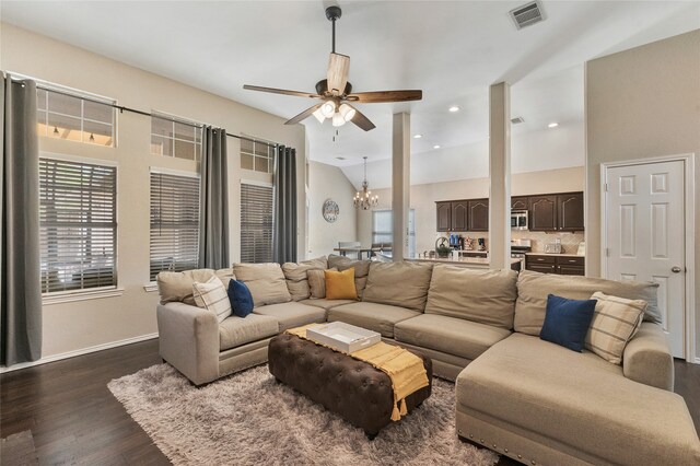 2700 Rochelle Dr, Mckinney, TX 75070 - living area with a chandelier, dark wood-type flooring, a ceiling fan, baseboards, and lofted ceiling