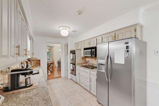 5909 Shady Hill Ln, Arlington, TX 76016 - kitchen with stainless steel appliances, backsplash, crown molding, light stone counters, and light tile patterned floors