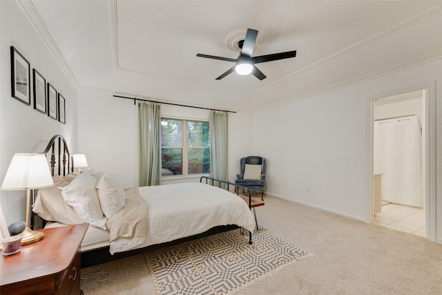 5909 Shady Hill Ln, Arlington, TX 76016 - carpeted bedroom featuring ornamental molding, a ceiling fan, a raised ceiling, and baseboards