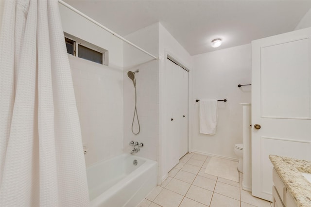5909 Shady Hill Ln, Arlington, TX 76016 - full bathroom featuring vanity, shower / bath combo with shower curtain, tile patterned flooring, toilet, and baseboards