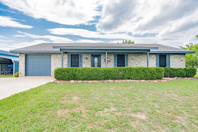 1100 Cartwright Ln, Kaufman, TX 75142 - ranch-style house with an attached garage, brick siding, concrete driveway, and a front lawn