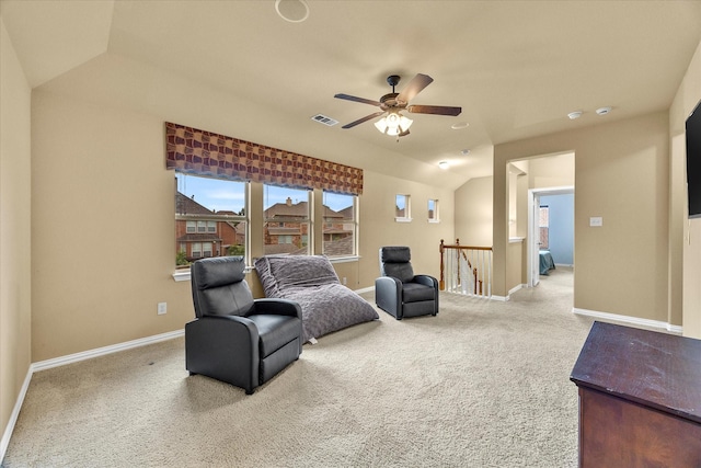 204 Leonard Way, Fate, TX 75087 - living area featuring an upstairs landing, lofted ceiling, baseboards, a ceiling fan, and carpet floors
