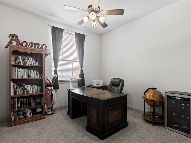 901 Egan Way Ct, Burleson, TX 76028 - home office with light carpet, beverage cooler, ceiling fan, and baseboards