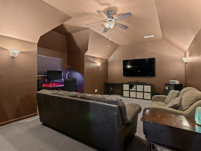 901 Egan Way Ct, Burleson, TX 76028 - cinema room with ceiling fan, lofted ceiling, and carpet floors