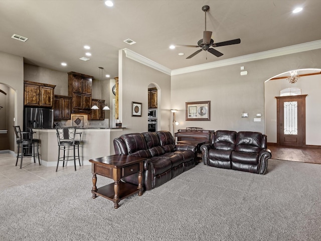 901 Egan Way Ct, Burleson, TX 76028 - living room with arched walkways, ornamental molding, a ceiling fan, recessed lighting, and baseboards
