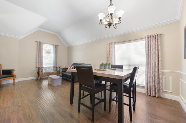 10105 Hunter Run, Frisco, TX 75035 - dining area featuring a chandelier, dark wood finished floors, ornamental molding, and lofted ceiling