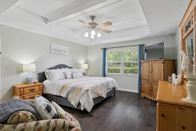 1133 Harris Ave, Hurst, TX 76053 - bedroom featuring dark wood-style flooring, baseboards, beamed ceiling, and a ceiling fan